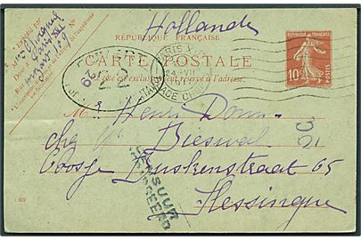 10 c. helsagsbrevkort fra Paris d. 24.7.1917 til Flessingue (Vlissingen), Holland. Fransk censur no. 22 fra Dieppe og lokal hollandsk militærcensur.