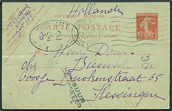 10 c. helsagsbrevkort fra Paris d. 24.7.1917 til Flessingue (Vlissingen), Holland. Fransk censur no. 22 fra Dieppe og lokal hollandsk militærcensur.