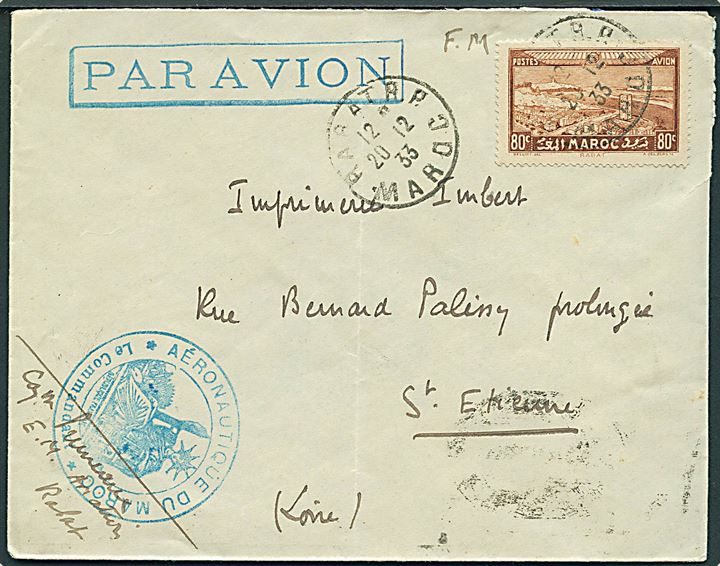 80 c. single på luftpostbrev fra Rabat d. 20.12.1933 til St. Etienne, Frankrig. Militært afs.-stempel: Aèronatique du Maroc * Le Commandant *.