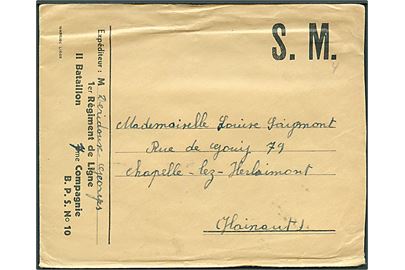 Fortrukt ufrankeret feltpostkuvert med Richmond Doize cigaret-reklame fra 1. Regiment de Ligne B.P.S. 10 til Chapelle-lez-Herlaimont, Hainaut