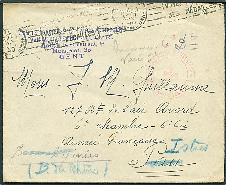 Ufrankeret Røde Kors brev fra Gent i Belgien stemplet Croix-Rouge de Belgique via Paris d. 13.8.1940 til fransk soldat i Pau - eftersendt.