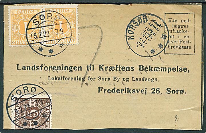 Ufrankeret svar-tryksagskort fra Korsør d. 9.2.1929 til Landsforeningen til Kræftens Bekæmpelse i Sorø. Udtakseret i enkeltporto med 1 øre (par) og 5 øre Portomærke stemplet Sorø d. 9.2.1929.