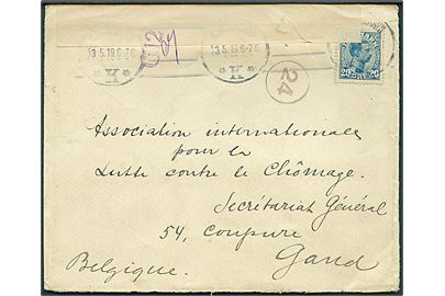 20 øre Chr. X på brev fra Kjøbenhavn d. 23.5.1919 til Gent, Belgien. Åbnet af belgisk militær censur.