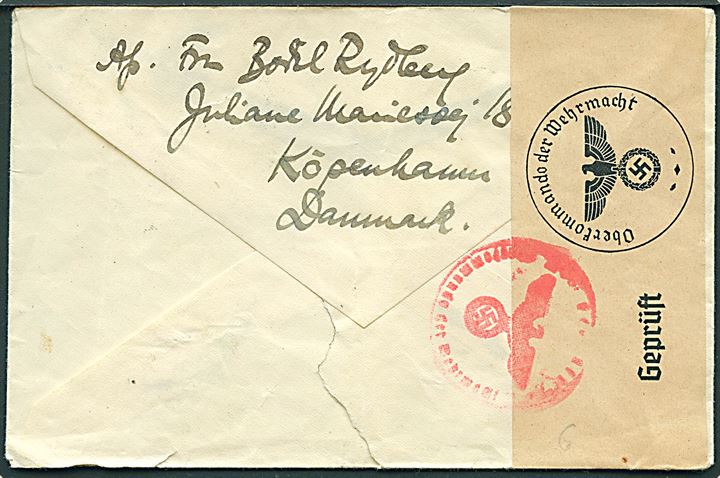 10 øre Bølgelinie (4) på anbefalet brev fra København d. 30.4.1940 til Lidingö, Sverige. Åbnet af tysk censur i Berlin el. Hamburg.