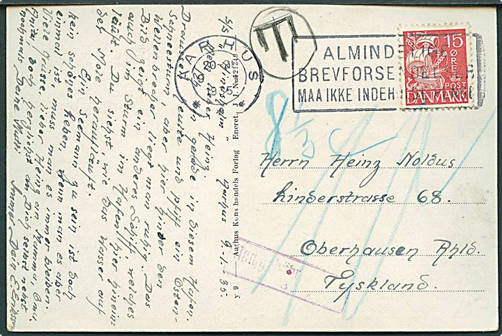 15 øre Karavel på underfrankeret brevkort (Skib under indsejling i Aarhus) fra Aarhus d. 9.1.1935 til Oberhausen, Tyskland. Håndskrevet T og udtakseret i 8 1/3 c. porto.