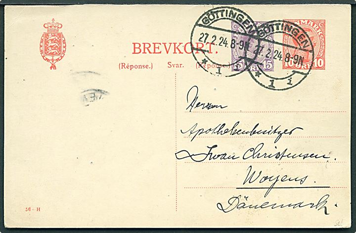 10+15 øre provisorisk svardel af dobbelt helsagsbrevkort (fabr. 56-H) annulleret med tysk stempel i Göttingen d. 27.2.1924 til Vojens, Danmark.