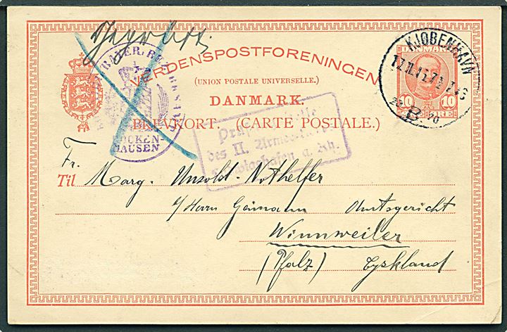 10 øre Fr. VIII helsagsbrevkort fra Kjøbenhavn d. 12.11.1915 til Winnweiler, Tyskland. Tysk censur fra Ludwigshafen a. Rh. 