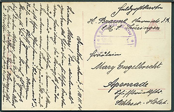 Ufrankeret feltpostkort (SMS Stettin) dateret d. 10.11.1914 fra sømand ombord på slagskibet SMS Thüringen med briefstempel til Apenrade. 