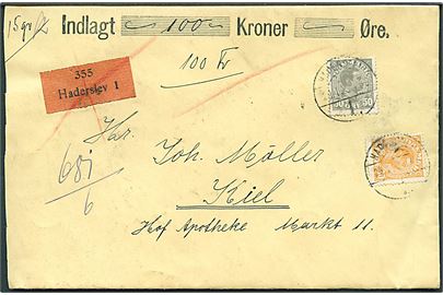 30 øre og 50 øre Chr. X på værdibrev annulleret med brotype Vb Haderslev 1. d. 29.4.1925 til Kiel, Tyskland.