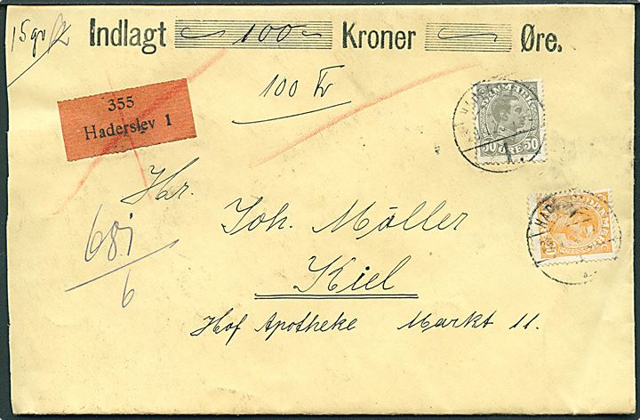 30 øre og 50 øre Chr. X på værdibrev annulleret med brotype Vb Haderslev 1. d. 29.4.1925 til Kiel, Tyskland.