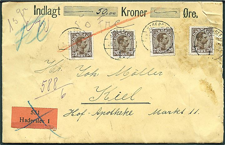 20 øre Chr. X (4) på værdibrev annulleret med brotype Vb Haderslev 1. d. 26.5.1925 til Kiel, Tyskland.