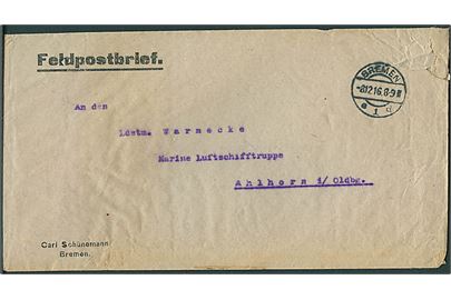 Ufrankeret feltpostbrev fra Bremen d. 8.12.1916 til Marineluftschifftruppe i Ahlhorn i/ Oldbg.
