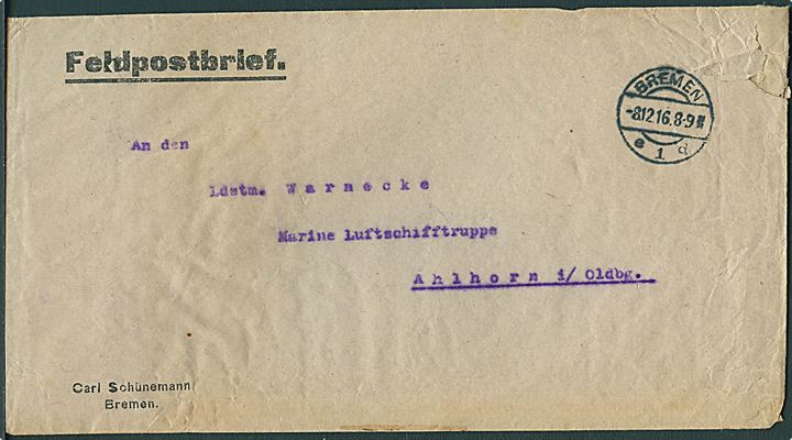 Ufrankeret feltpostbrev fra Bremen d. 8.12.1916 til Marineluftschifftruppe i Ahlhorn i/ Oldbg.