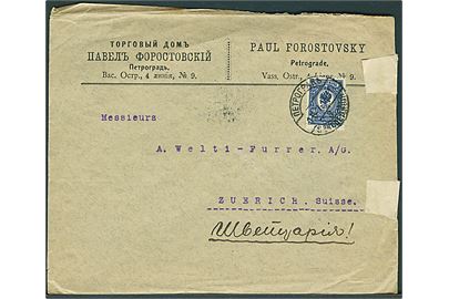 10 kop. Våben single på brev fra Petrograd d. 16.7.1915 til Zürich, Schweiz. Åbnet af russisk censur i Petrograd.