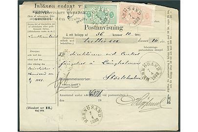 5 öre og 20 öre Tjenestemærke på postanvisning fra Hernösand d. 7.4.1888 til Fängslet på Långholmen i Stockholm. Noget skrøbeligt papir.