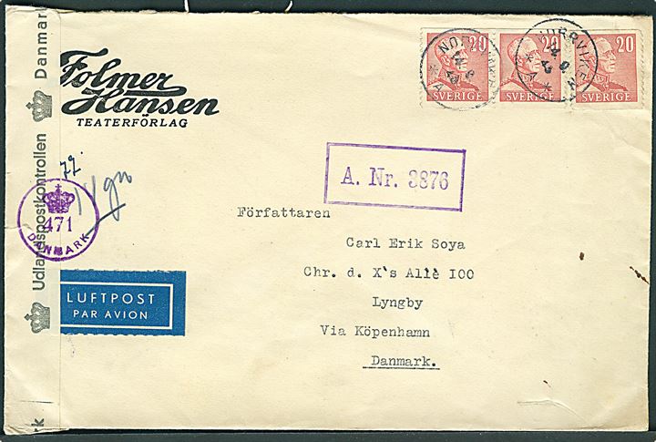 20 öre Gustaf (3) på luftpostbrev fra Norrviken d. 14.9.1945 til forfatteren Carl Erik Soya i Lyngby, Danmark. Åbnet af dansk efterkrigscensur (krone)/471/Danmark. Violet licens-stempel A.Nr. 3876.