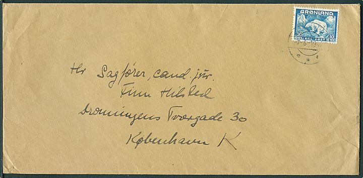 30 øre Isbjørn single på brev fra Egedesminde d. 7.6.1947 til København.