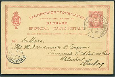 10 øre Våben helsagsbrevkort fra Kjøbenhavn annulleret med bureaustempel Kjøbenhavn - Korsør T.17 d. 13.8.1898 til Hamburg.