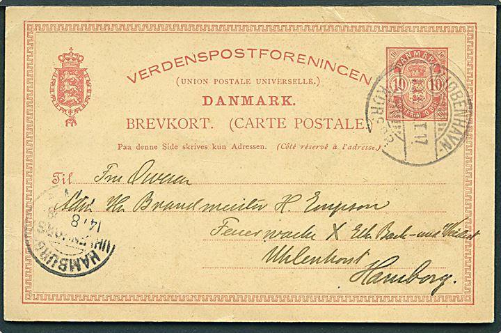 10 øre Våben helsagsbrevkort fra Kjøbenhavn annulleret med bureaustempel Kjøbenhavn - Korsør T.17 d. 13.8.1898 til Hamburg.