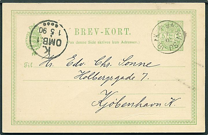 5 øre Våben helsagsbrevkort fra Holbæk annulleret med lapidar bureaustempel NV:SJ:JB:PK: d. 30.4.1890 til Kjøbenhavn.