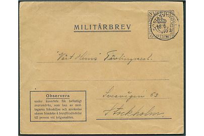 Militärbrev stemplet Postanstalten 1102* (= Arvika) d. 10.5.1941 til Stockholm. 