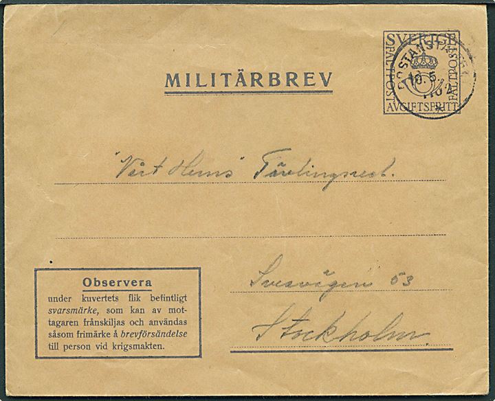 Militärbrev stemplet Postanstalten 1102* (= Arvika) d. 10.5.1941 til Stockholm. 