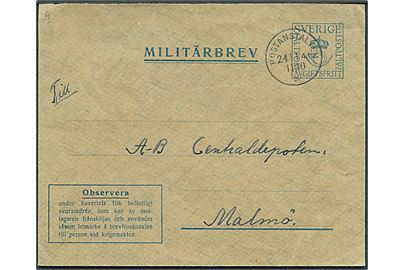 Militärbrev stemplet Postanstalten 1190* (= Årjäng) d. 24.11.1941 til Malmö. Uden svarmærke og bagklap mgl.