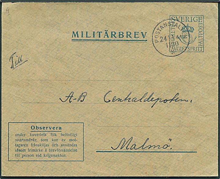 Militärbrev stemplet Postanstalten 1190* (= Årjäng) d. 24.11.1941 til Malmö. Uden svarmærke og bagklap mgl.