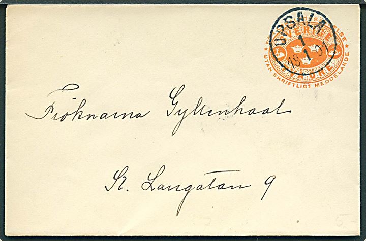 2 öre helsags tryksagskuvert sendt lokalt i Upsala d. 1.1.1891.