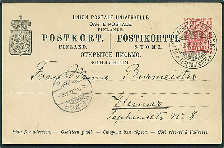 10 kop. helsagsbrevkort fra Helsingfors d. 6.5.1896 til Weimar, Tyskland.