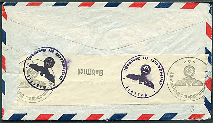 30 cents Winged Globe på luftpostbrev fra Boston d. 28.1.1941 til Svendborg, Danmark. Åbnet af tysk censur.