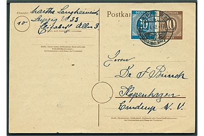 10 pfg. helsagsbrevkort opfrankeret med 20 pfg. fra Leipzig d. 22.4.1948 til København, Danmark.