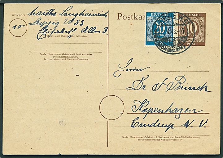 10 pfg. helsagsbrevkort opfrankeret med 20 pfg. fra Leipzig d. 22.4.1948 til København, Danmark.