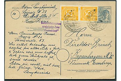 10 pfg. helsagsbrevkort opfrankeret med 25 pfg. (par) fra Leipzig d. 1.10.1948 til København, Danmark. 