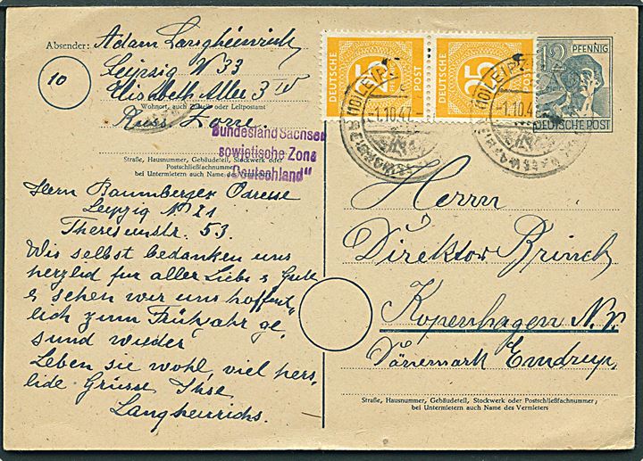 10 pfg. helsagsbrevkort opfrankeret med 25 pfg. (par) fra Leipzig d. 1.10.1948 til København, Danmark. 