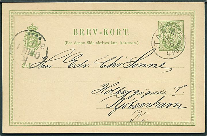 5 øre Våben helsagsbrevkort annulleret med lapidar Tarm d. 28.3.1891 til Kjøbenhavn.