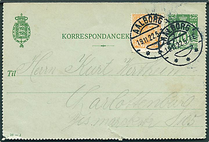 10 øre helsags korrespondancekort (fabr. 36-J) opfrankeret med 30 øre Chr. X fra Aalborg d. 19.11.1922 til Charlottenburg, Tyskland.