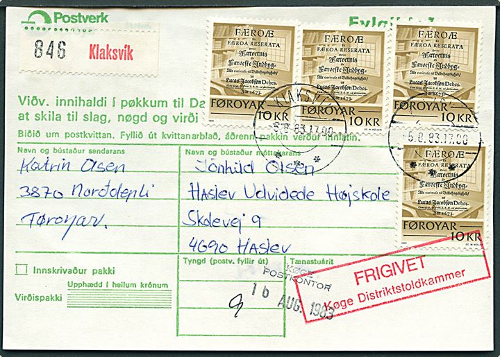 10 kr. Håndskrifter (4) på adressekort for pakke fra Klaksvik d. 5.8.1983 til Haslev.