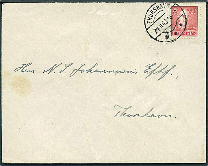 20 øre Chr. X på brev stemplet Thorshavn d. 24.11.1943 til Thorshavn.