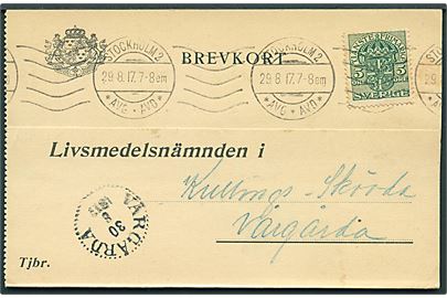 5 öre Tjenestemærke på brevkort fra Stockholm d. 29.8.1917 til Vargårda.