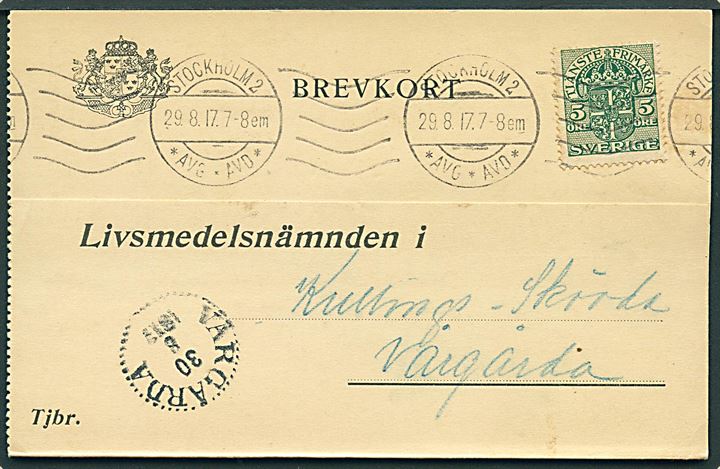 5 öre Tjenestemærke på brevkort fra Stockholm d. 29.8.1917 til Vargårda.