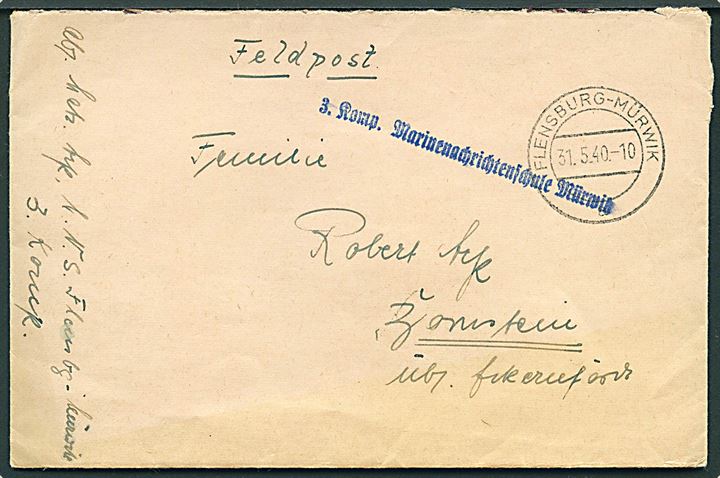 Ufrankeret feltpostbrev fra Flensburg - Mürwik d. 31.5.1940. Liniestempel: 3. Komp. Marinenachrichtenschule Mürwik.