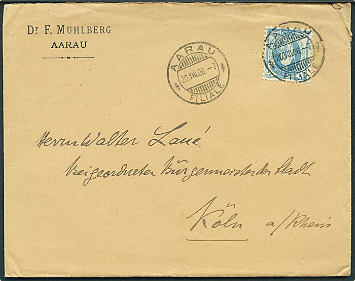 25 c. Stående Helvetia på brev fra Aarau d. 20.8.1906 til Köln, Tyskland.