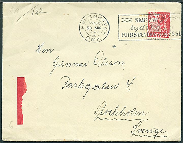 20 øre Karavel på brev fra København d. 30.8.1942 til Stockholm, Sverige. Dansk censur med spor efter meddelese vedr. særlig censur.