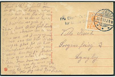 7 øre Chr. X på brevkort (partier fra Gedser) annulleret Gjedser d. 13.8.1919 til Villa Kvist i Lyngby. Privat kontorstempel: Fru Elisabeth Staus Hjem for blinde Smaabørn.