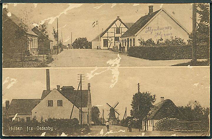 7 øre Chr. X på brevkort (partier fra Gedser) annulleret Gjedser d. 13.8.1919 til Villa Kvist i Lyngby. Privat kontorstempel: Fru Elisabeth Staus Hjem for blinde Smaabørn.