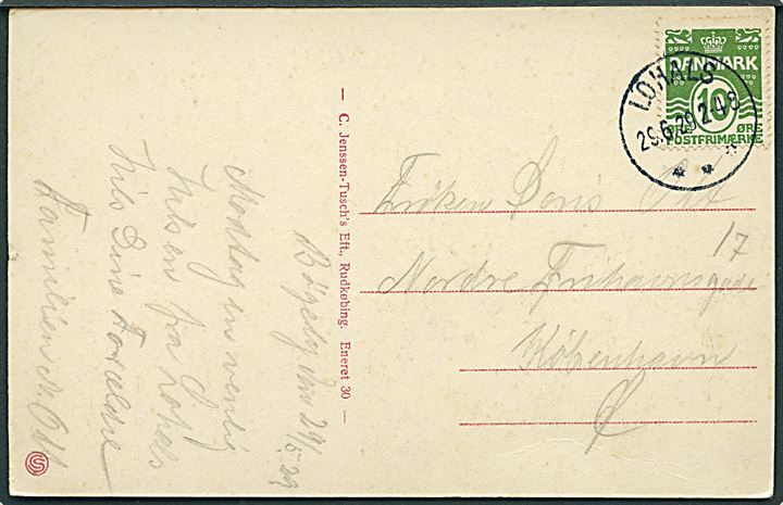 10 øre Bølgelinie på brevkort annulleret med brotype IIIb Lohals d. 29.6.1929 til København.