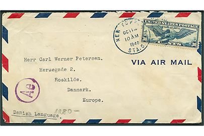 30 cents Winged Globe på luftpostbrev fra New York d. 14.10.1940 til Roskilde, Danmark. Åbnet af tysk censur. Sendt fra dansk sømand ombord på Panama tankeskibet M/S Josiah Macy.