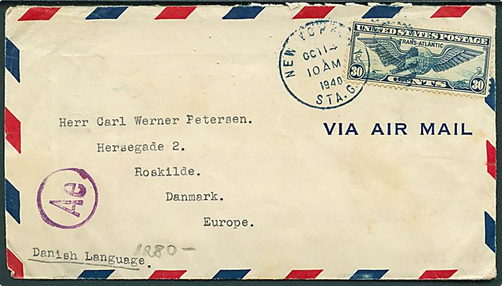 30 cents Winged Globe på luftpostbrev fra New York d. 14.10.1940 til Roskilde, Danmark. Åbnet af tysk censur. Sendt fra dansk sømand ombord på Panama tankeskibet M/S Josiah Macy.