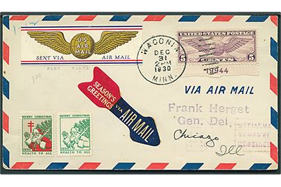 5 cents Winged Globe og amerikansk Julemærke 1930 på luftpostbrev fra Waconia d. 31.12.1930 til Chicago.
